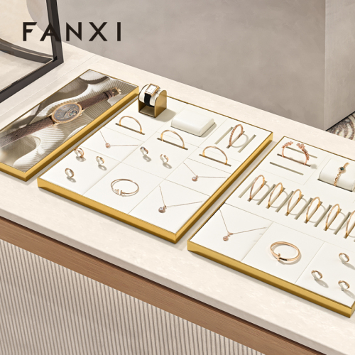 FANXI P193 Luxury White PU Leather Metal Bracelet Ring Pendant Jewellery Display Tray