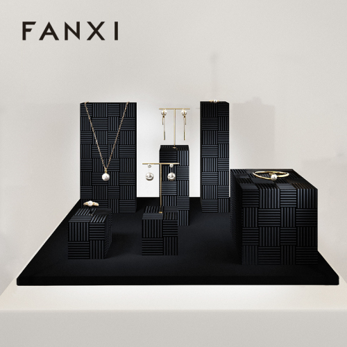 FANXI TT446 Black Jewelry Microfiber Gold T Shape Stand Piercing Earring Triangular Ring Organizer Holder