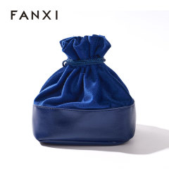 FANXI Blue Drawstring Velvet Pouch Jewelry Storage Bag with Printed Logo Wholesale