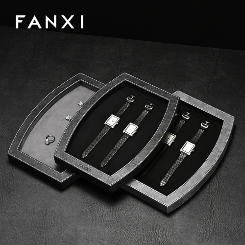 FANXI P215 Custom LOGO Ring Bracelet Chain Earring PU Leather Velvet Shop Store Stackable Luxury Jewelry Display Tray