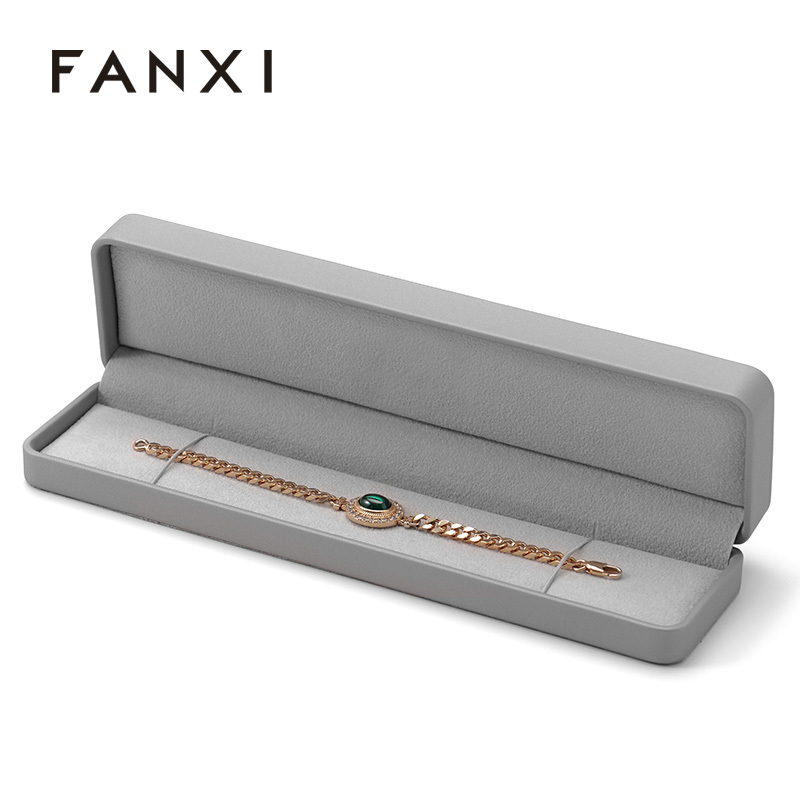 Rectangle Jewelry Box Packaging Custom Logo Grey Leather Necklace Long Chain Bracelet Box