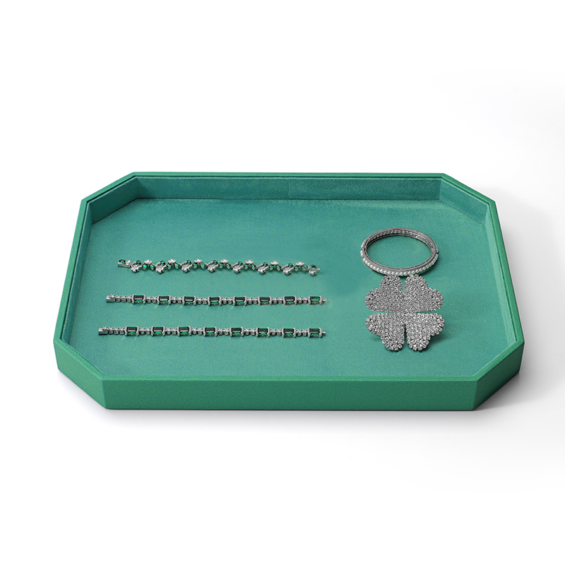 Green Pu Leather Jewelry Display Tray Suede Ring Earring Necklace Storage Plate