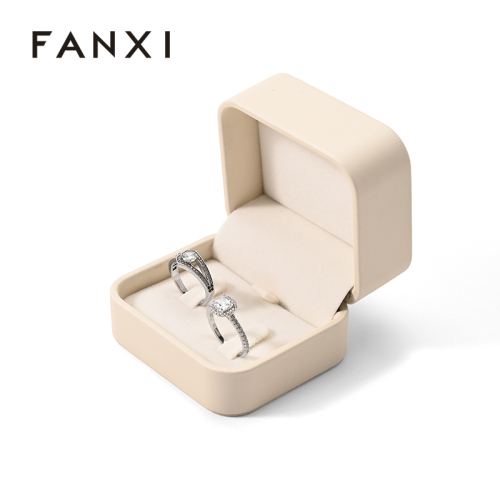 Luxury Double Ring Box Beige Leather Velvet Jewelry Packaging Box