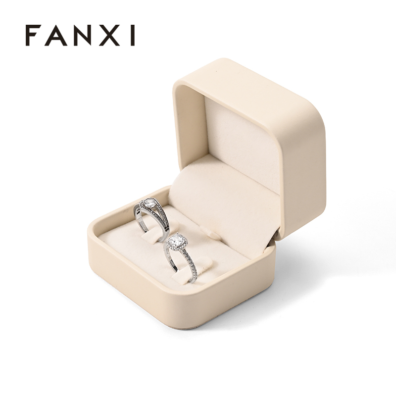 Luxury Double Ring Box Beige Leather Velvet Jewelry Packaging Box