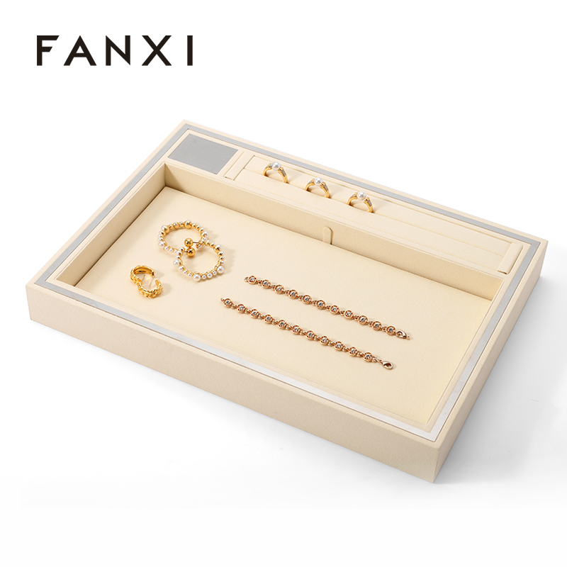 Wholesale Jewelry Display Tray Beige Microfiber Metal Jewellery Plate Pallet for Ring Necklace Bracelet Storage