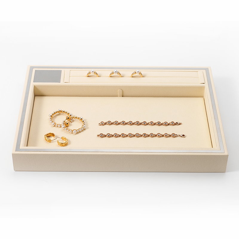 Wholesale Jewelry Display Tray Beige Microfiber Metal Jewellery Plate Pallet for Ring Necklace Bracelet Storage