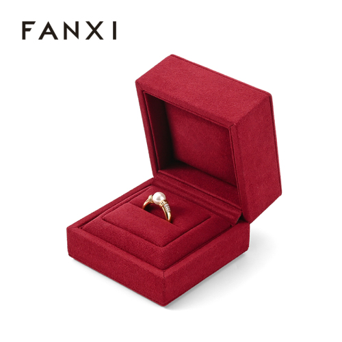 Custom Logo Red Microfiber Ring Diamond Jewelry Box for Wedding