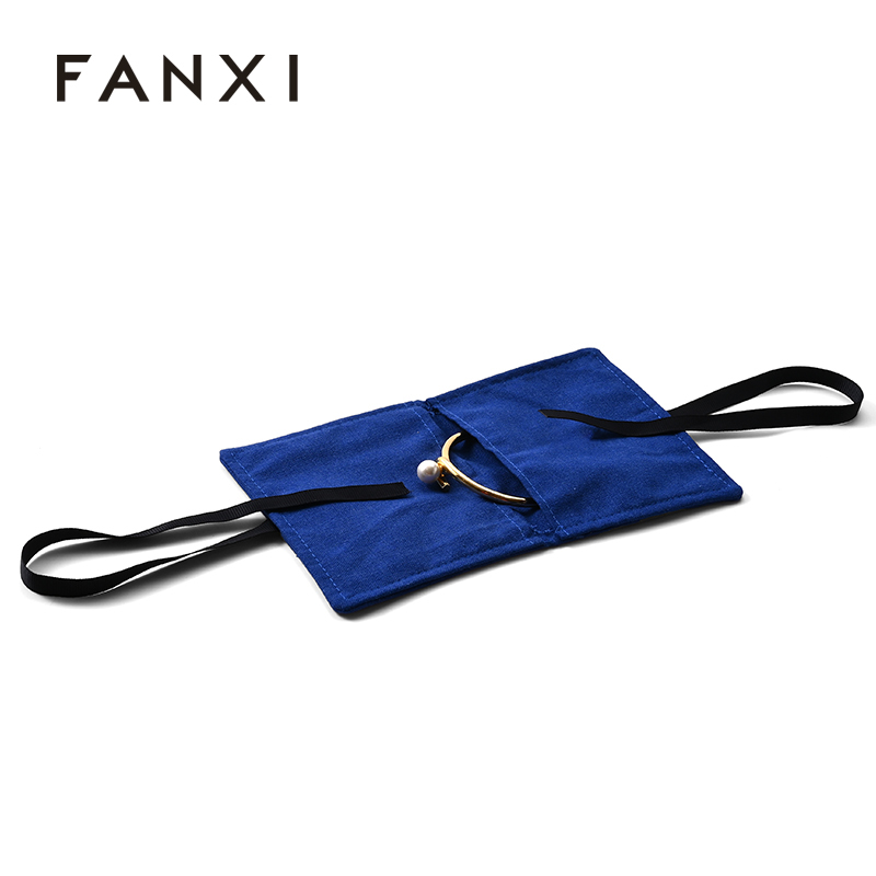 Blue Linen Custom Jewelry Pouch Jewelry Packaging Bag With Custom Logo