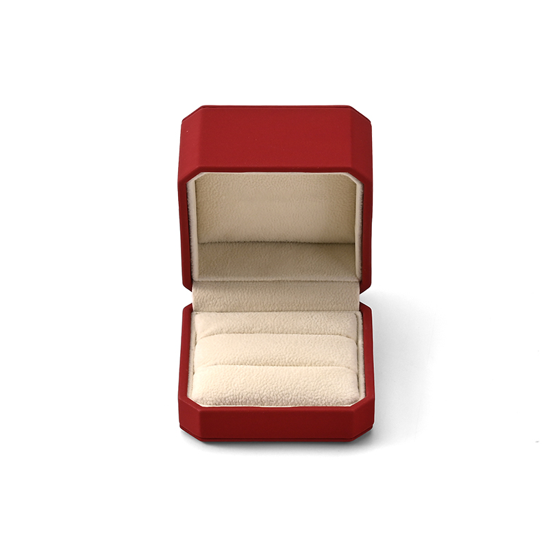 Red Pu Leather Double Slot Rings Jewelry Box Solid Color Ring Storage Box for Wedding Engagement