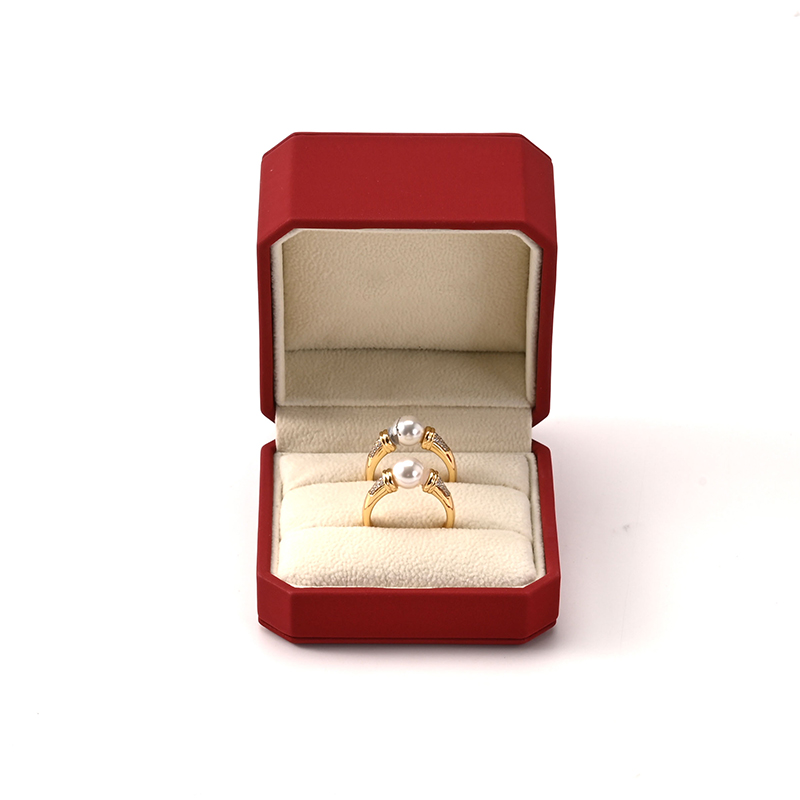 Red Pu Leather Double Slot Rings Jewelry Box Solid Color Ring Storage Box for Wedding Engagement