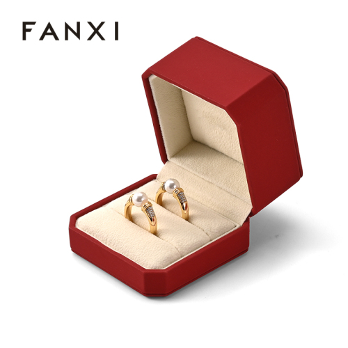 Red Pu Leather Double Slot Rings Jewelry Box Solid Color Ring Storage Box for Wedding Engagement