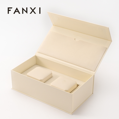 Luxury Beige Leather Magnetic Jewellery Packaging Ring Box Jewelry Gift Boxes