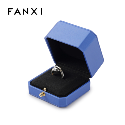 Custom Logo Blue Leather Ring Jewelry Packaging Box Ring Travel Gift Jewelry Box