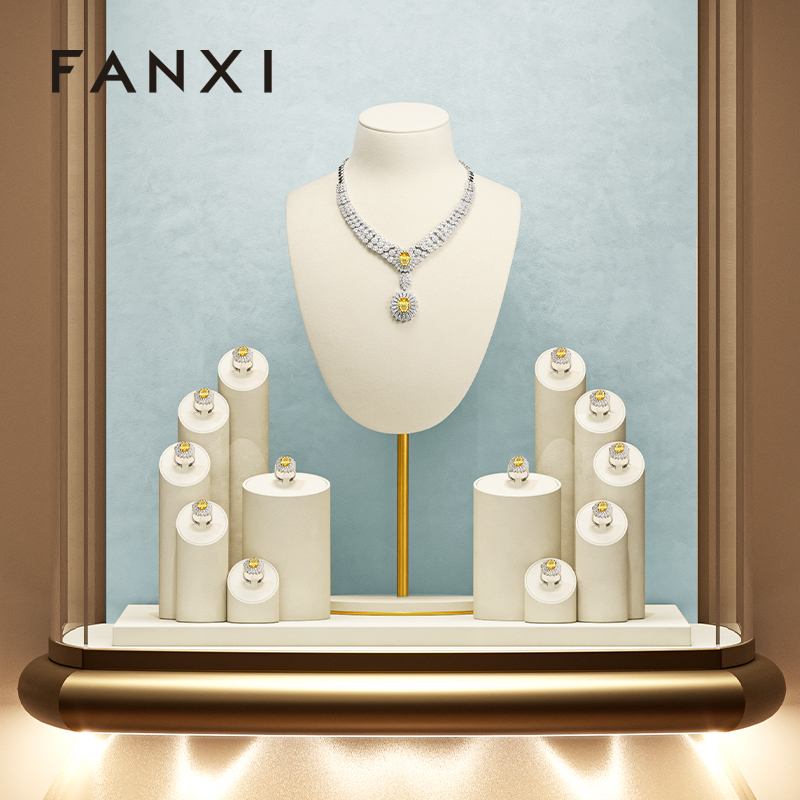 Fanxi TT075 Custom luxury Cream white jewelry rings display sets for jewellery