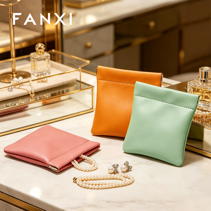 FANXI D053 New arrival Luxury pu leather resin logo cover for makeup ring earring pendant package jewelry pouch