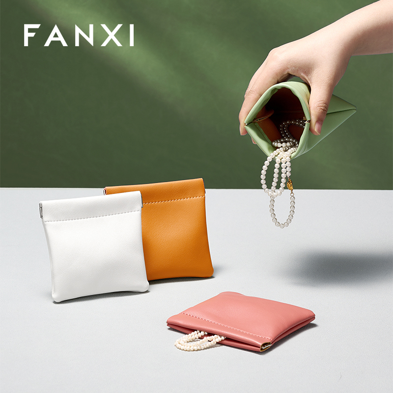 FANXI D053 New arrival Luxury pu leather resin logo cover for makeup ring earring pendant package jewelry pouch