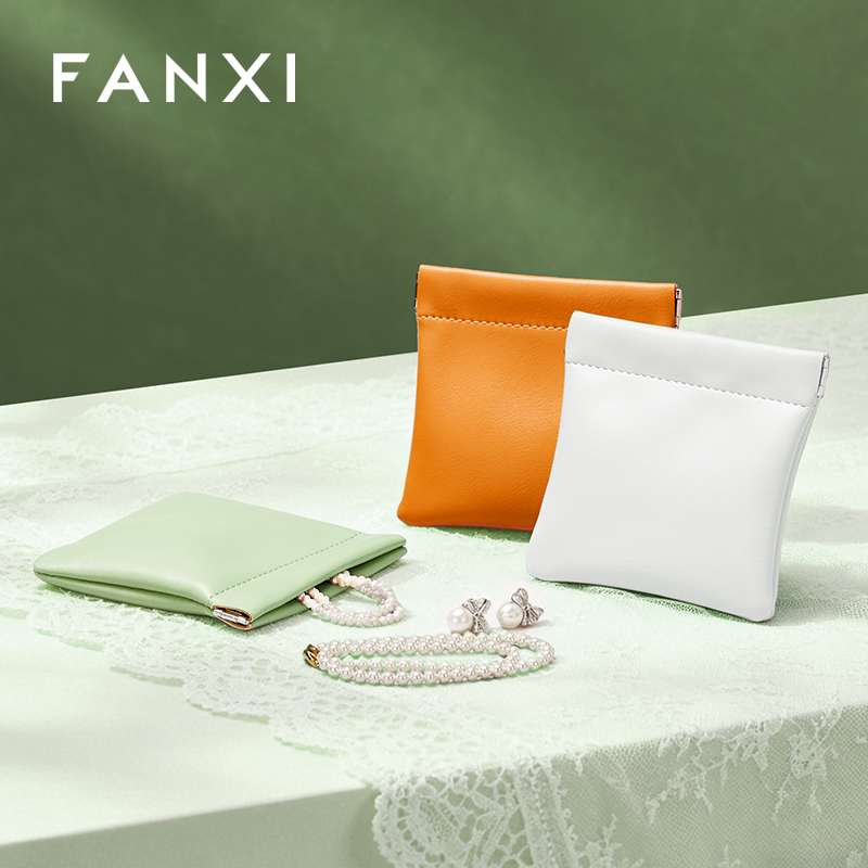FANXI D053 New arrival Luxury pu leather resin logo cover for makeup ring earring pendant package jewelry pouch