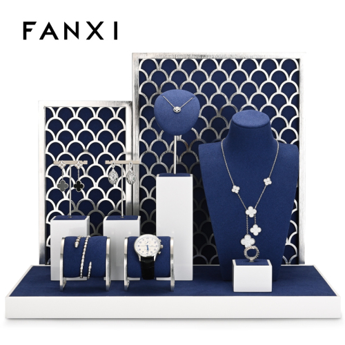 FANXI New Arrival luxury blue microfiber jewelry display holder set