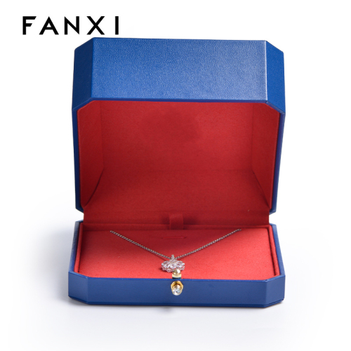 FANXI Customized Luxury blue Pu Leather With Red Microfiber For Necklace Pendant With Metal Button jewelry packaging box