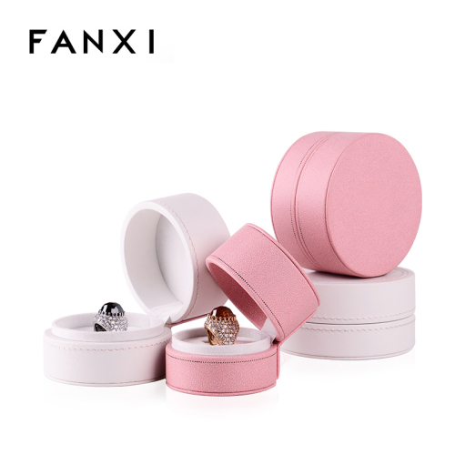FANXI Custom Plastic Jewelry Packaging Box With Velvet Insert For Ring Necklace White And Pink Leather Round Jewelry Box