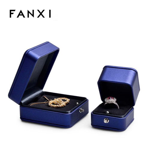 FANXI Luxury Jewellery Packaging Boxes Snap button with navy blue PU leather for Ring Necklace packaging Wedding Jewelry box