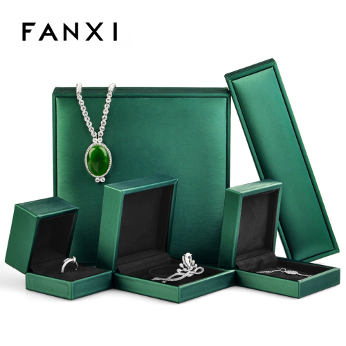 FANXI New Custom Logo Dark green pu leather with black suede Jewelry Packaging Box for Ring Pedant Bracelet Chain