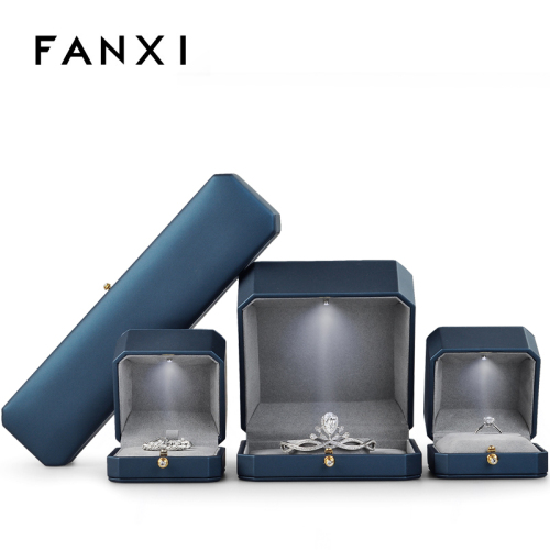 FAXNI Top Quality Navy Blue PU Leather Eight Conrers Luxury Jewelry Box Inside Microfiber With Led Light Accept Custom Logo
