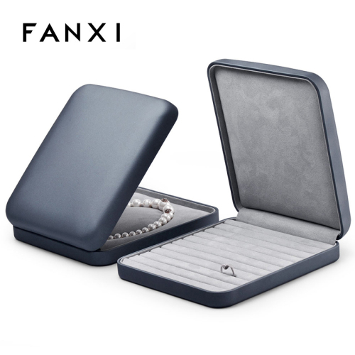 FANXI New arrival dark grey color Leather box packaging jewelry logo for necklace and rings accept custom logo