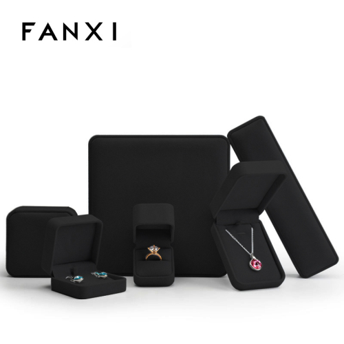 FANXI Luxury Jewelry packaging Boxes with Black PU Leather Wedding rings Gift Jewelry Packaging for ring necklace full set Jewelry Box