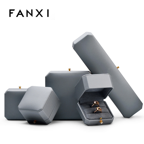 FANXI Luxury Jewelry Ring Box Grey PU Leather Microfiber Wedding rings Gift Jewelry Packaging With microfiber insert Custom Box
