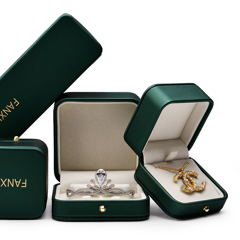 FANXI Customized High-end Green Pu leather with velvet jewelry packaging box ring Pendant Bracelet Packaging Storage Box