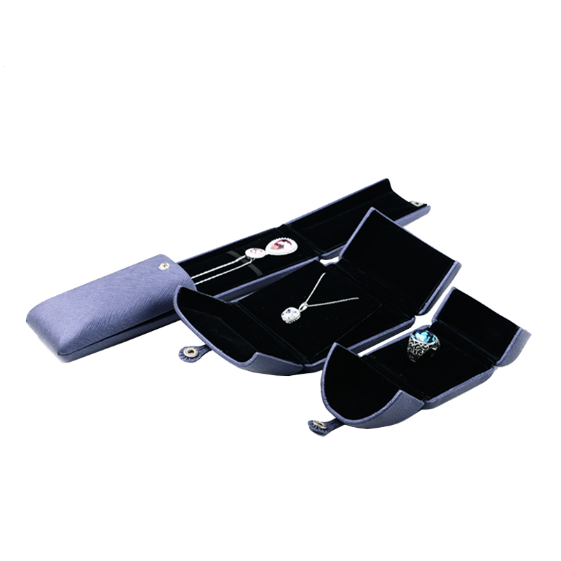FANXI Custom Logo Jewelry Packaging Boxes With Black Velvet And Button Double Door Blue PU Leather Jewellery Box