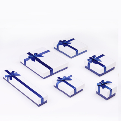 FANXI Custom Logo Cardboard Packing Boxes With Blue Ribbon And Foam Insert For Ring Necklace Bracelet Jewelry Set Gift Paper Box