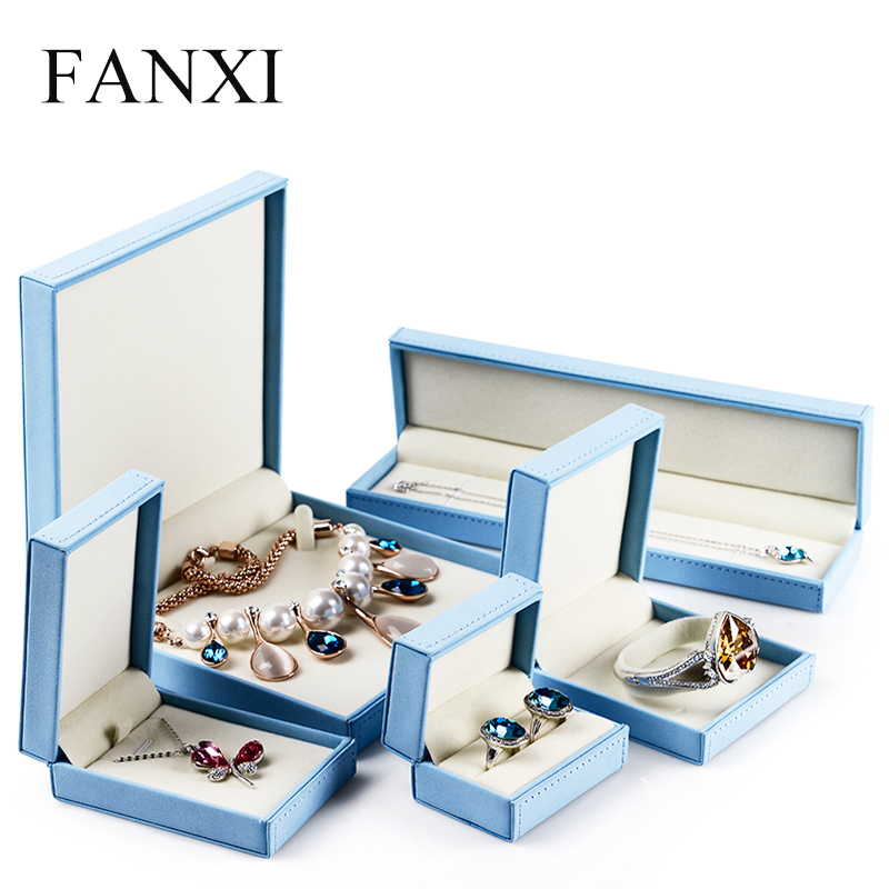 FANXI Custom Jewellery Gift Boxes With Baby blue leather For Ring Double Ring Necklace Bracelet Jewelry Set Rose Red Leather Jewelry Packaging Box