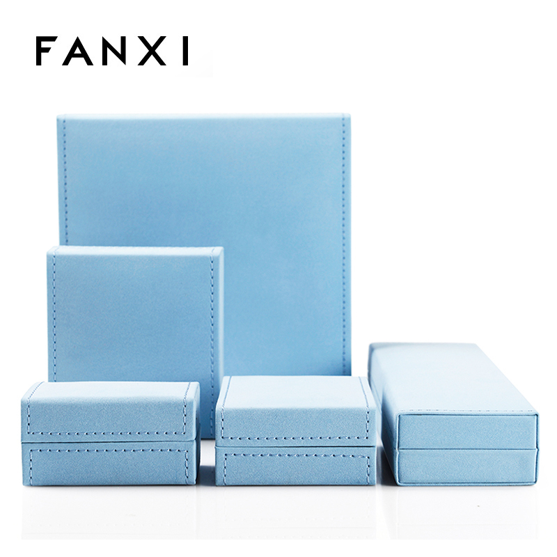 FANXI Custom Jewellery Gift Boxes With Baby blue leather For Ring Double Ring Necklace Bracelet Jewelry Set Rose Red Leather Jewelry Packaging Box