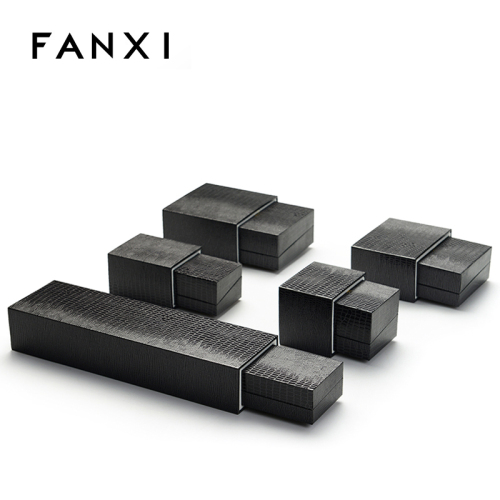 FANXI Black Crocodile Leatherette Paper Jewellery Packaging Boxes With Velvet Insert Luxury Drawer Jewelry Box