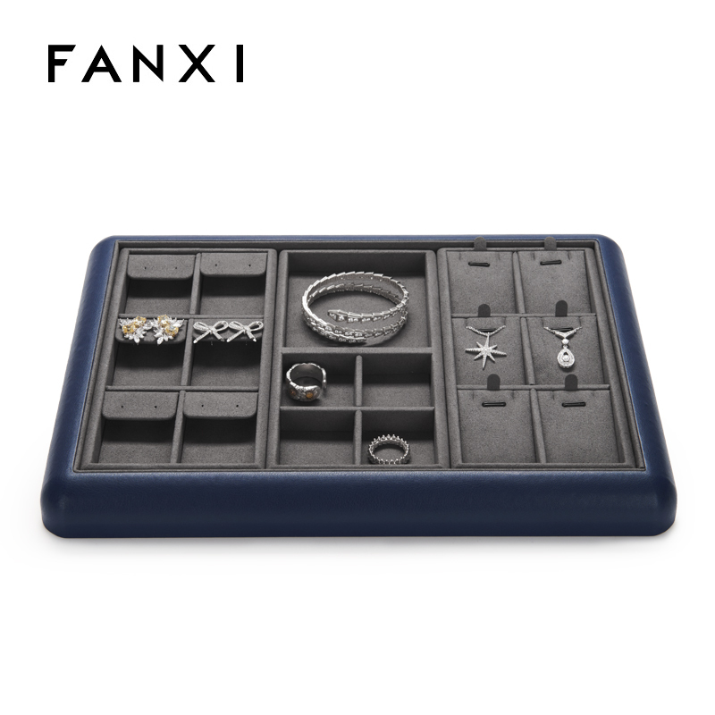 FANXI Customise colour multi-function leather jewellery display tray with microfiber inside