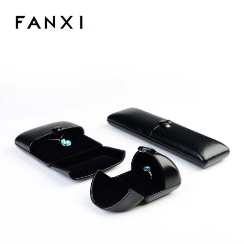 FANXI Custom Logo Jewellery Boxes With Button And Velvet Insert For Ring Necklace Black Leather Double Door Jewelry Box