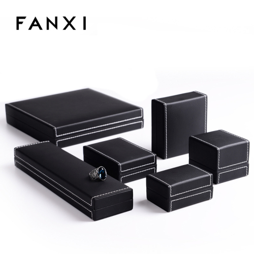 FANXI Custom Logo Plastic Packaging Boxes Black PU Leather With Velvet Insert And White Sewing For Ring Double Ring Necklace