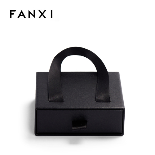 FANXI New design custom logo black color drawer cardboard paper jewelry box with ribbon handle