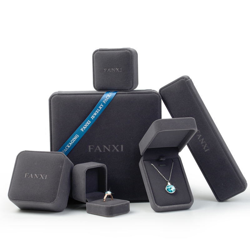 FANXI Luxury Gift Jewellery Packaging Boxes For Wedding Ring Necklace Bracelet packing Custom Logo Gray Velvet Box Jewelry