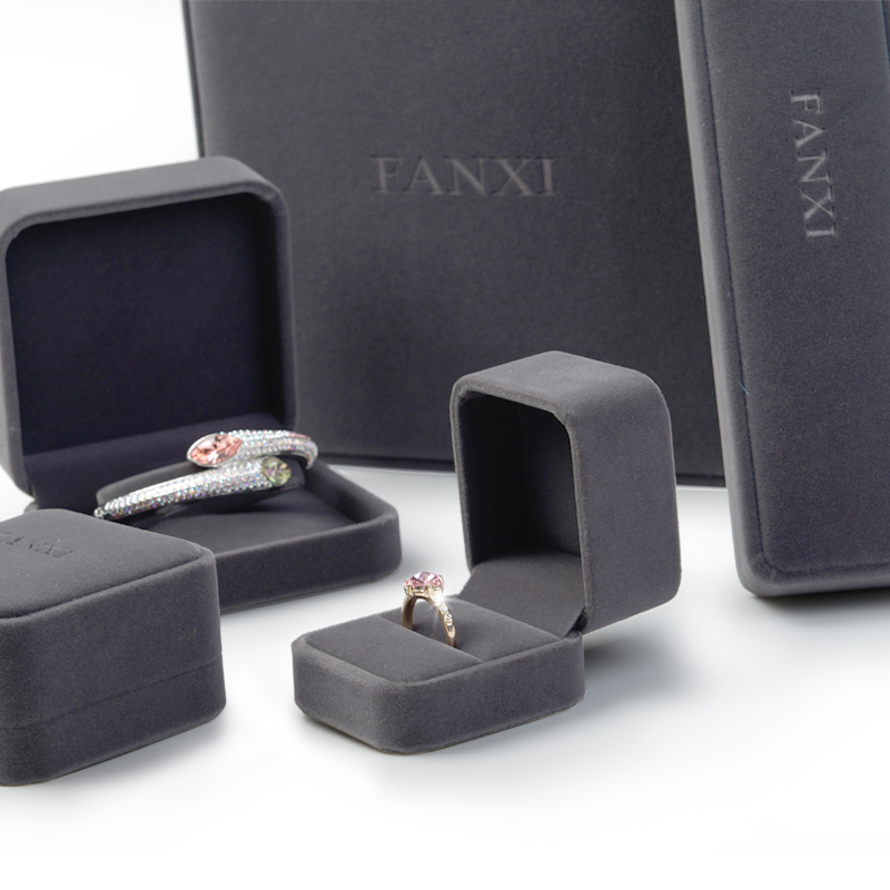 FANXI Luxury Gift Jewellery Packaging Boxes For Wedding Ring Necklace Bracelet packing Custom Logo Gray Velvet Box Jewelry