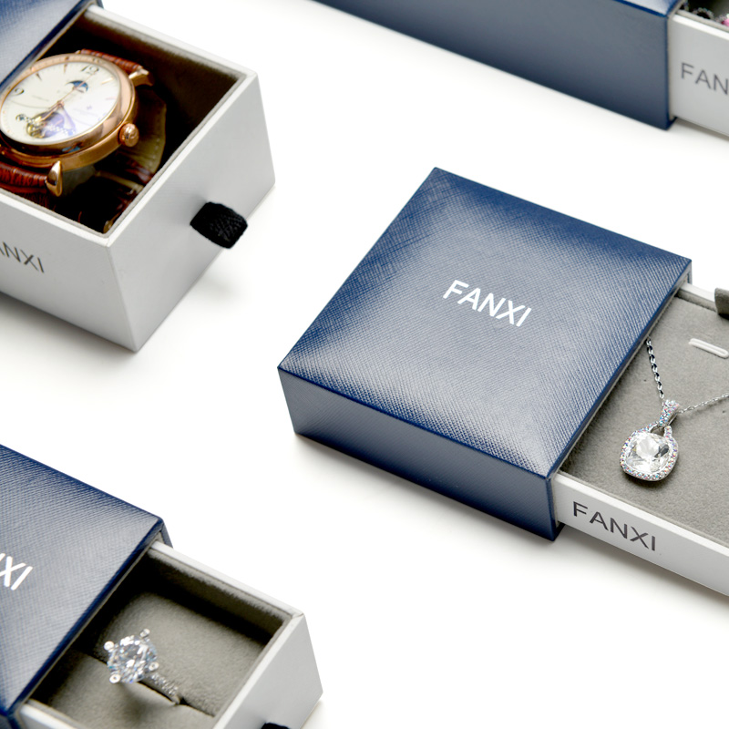FANXI Custom Jewellery Boxes With White And Blue Leatherette Paper For Ring Necklace Bracelet Bangle Gift Packaging Drawer Jewelry Box