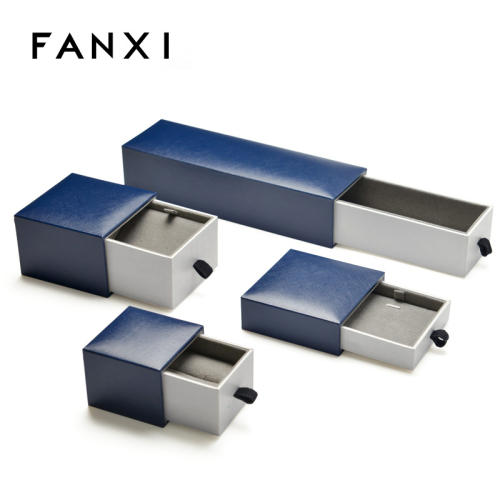 FANXI Custom Jewellery Boxes With White And Blue Leatherette Paper For Ring Necklace Bracelet Bangle Gift Packaging Drawer Jewelry Box