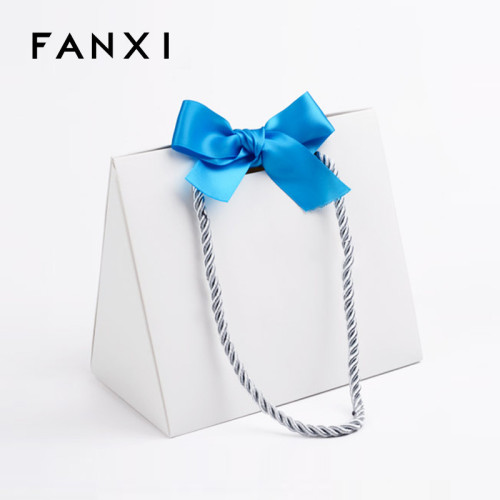FANXI Customized Logo Gift Bags With Blue Ribbon For Watch Cosmetic Cloth Jewelry Packaging White Foldable Paper Shopping bag