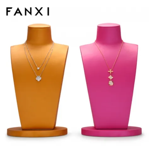 FANXI golden pink leather jewelry necklace display bust
