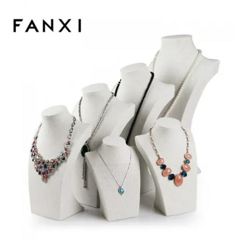 FANXI China Supplier Tall Jewelry Display Neck Stands Wood Linen Necklace Bust