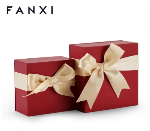FANXI vintage red cardboard jewelry packaging box with ribbon bowknot with customized logo