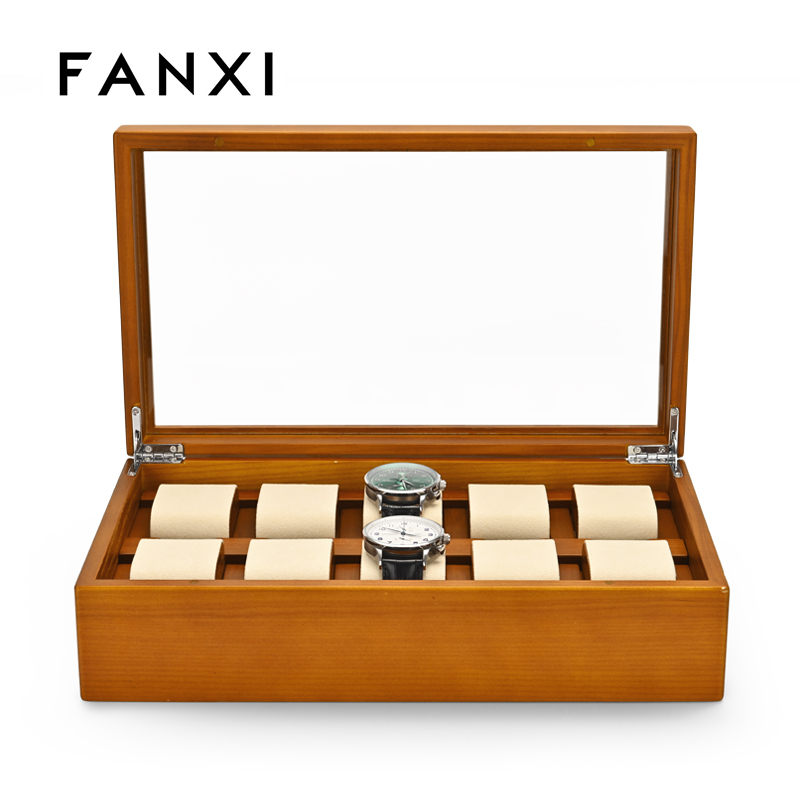 FANXI high end solid wood beige and gray microfiber 10 spots watch boxes can customize watch case