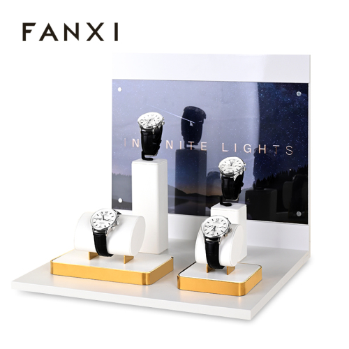 FANXI elegant watch showcase display with backboard white pu leather smooth metal baking paint 4 watch spot professional watch display
